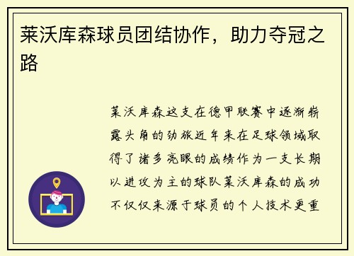莱沃库森球员团结协作，助力夺冠之路