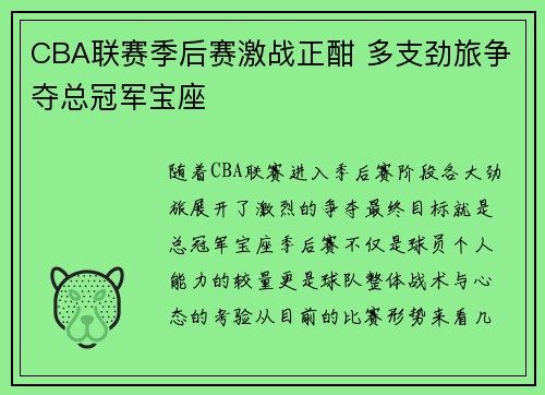 CBA联赛季后赛激战正酣 多支劲旅争夺总冠军宝座