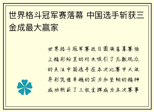 世界格斗冠军赛落幕 中国选手斩获三金成最大赢家
