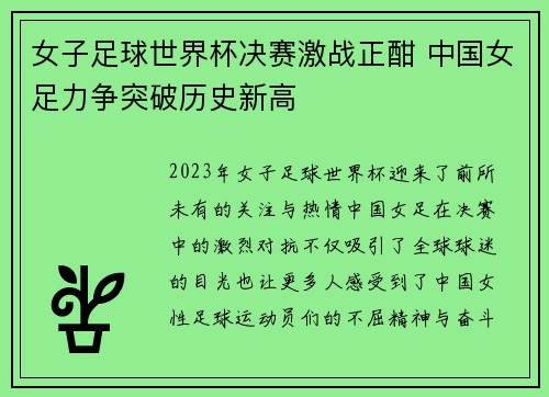 女子足球世界杯决赛激战正酣 中国女足力争突破历史新高