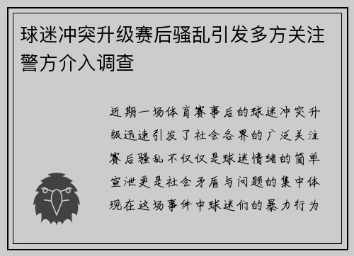 球迷冲突升级赛后骚乱引发多方关注警方介入调查